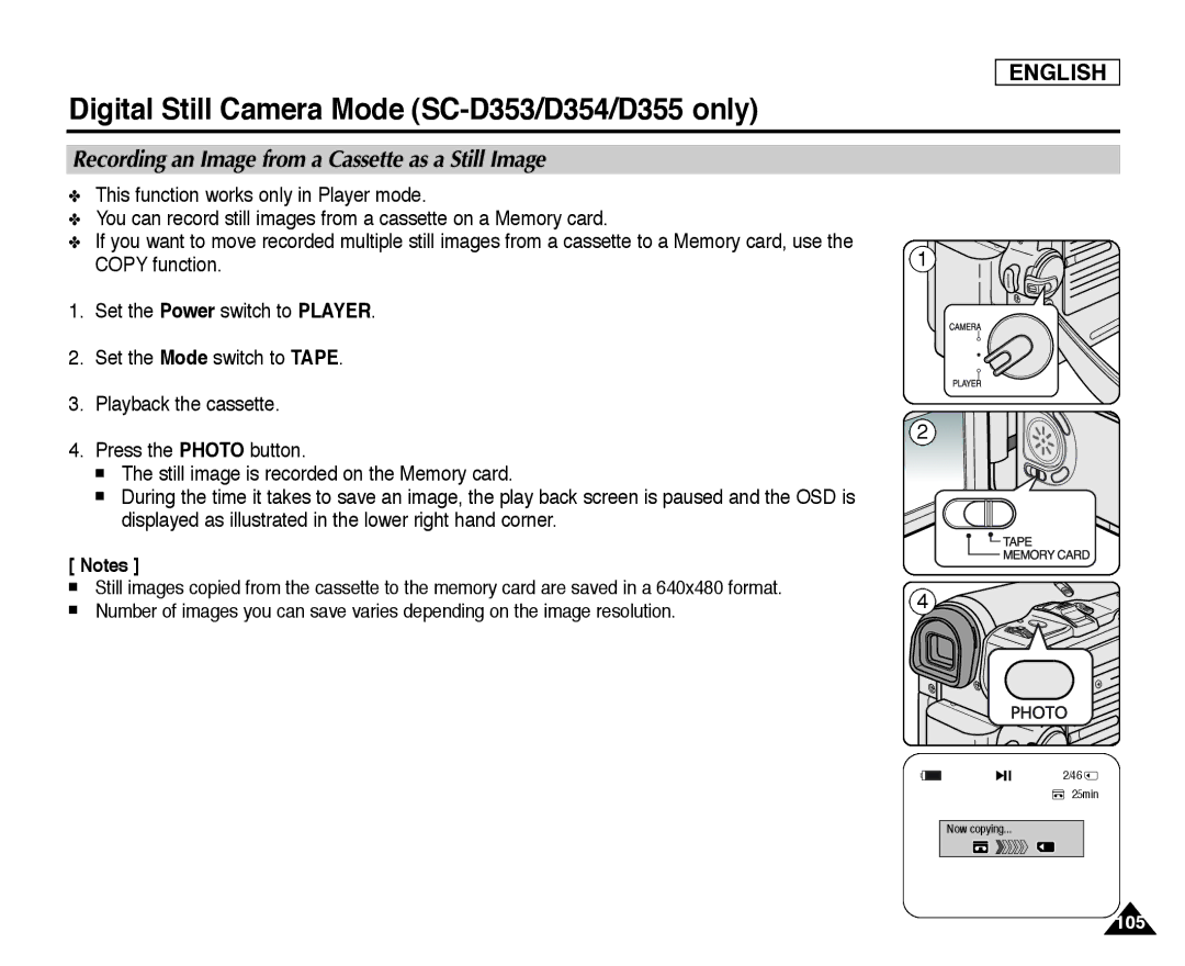 Samsung SC-D352, SC-D355, SC-D354 manual Recording an Image from a Cassette as a Still Image, Copy function 