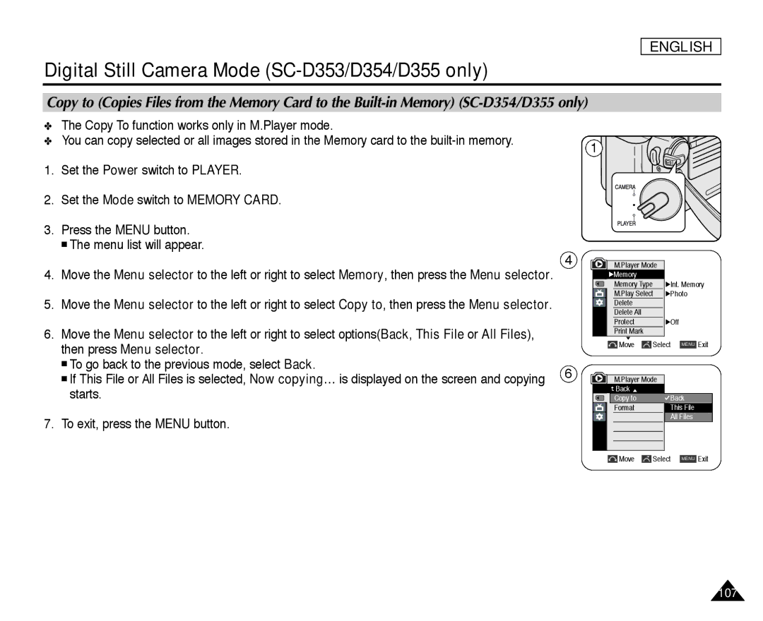 Samsung SC-D355, SC-D352, SC-D354 manual Copy To function works only in M.Player mode 