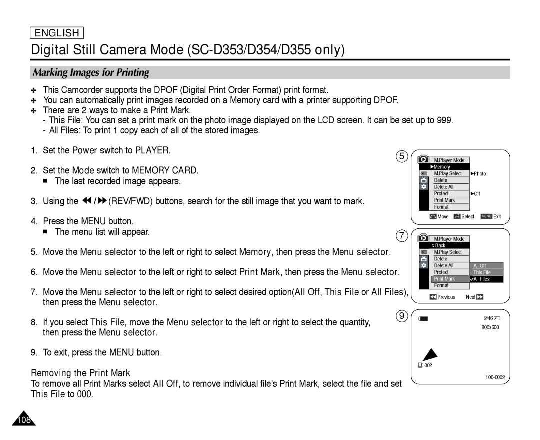 Samsung SC-D352, SC-D355, SC-D354 manual Marking Images for Printing, Removing the Print Mark 