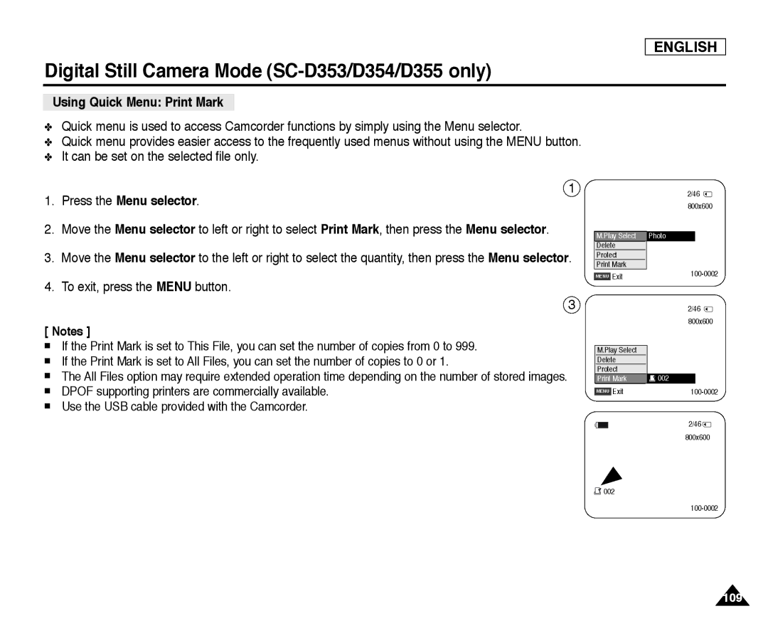 Samsung SC-D354, SC-D355, SC-D352 manual Using Quick Menu Print Mark, It can be set on the selected file only 