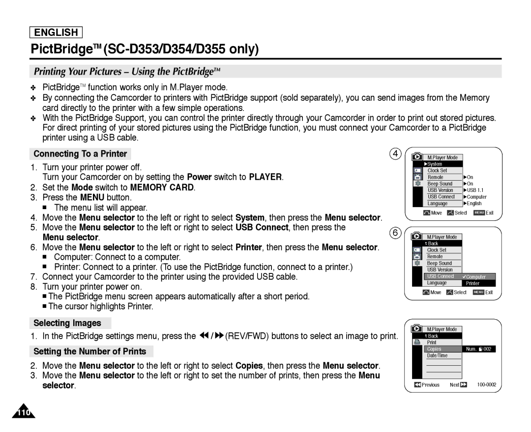 Samsung SC-D355 manual PictBridgeTM SC-D353/D354/D355 only, Printing Your Pictures Using the PictBridgeTM, Selecting Images 