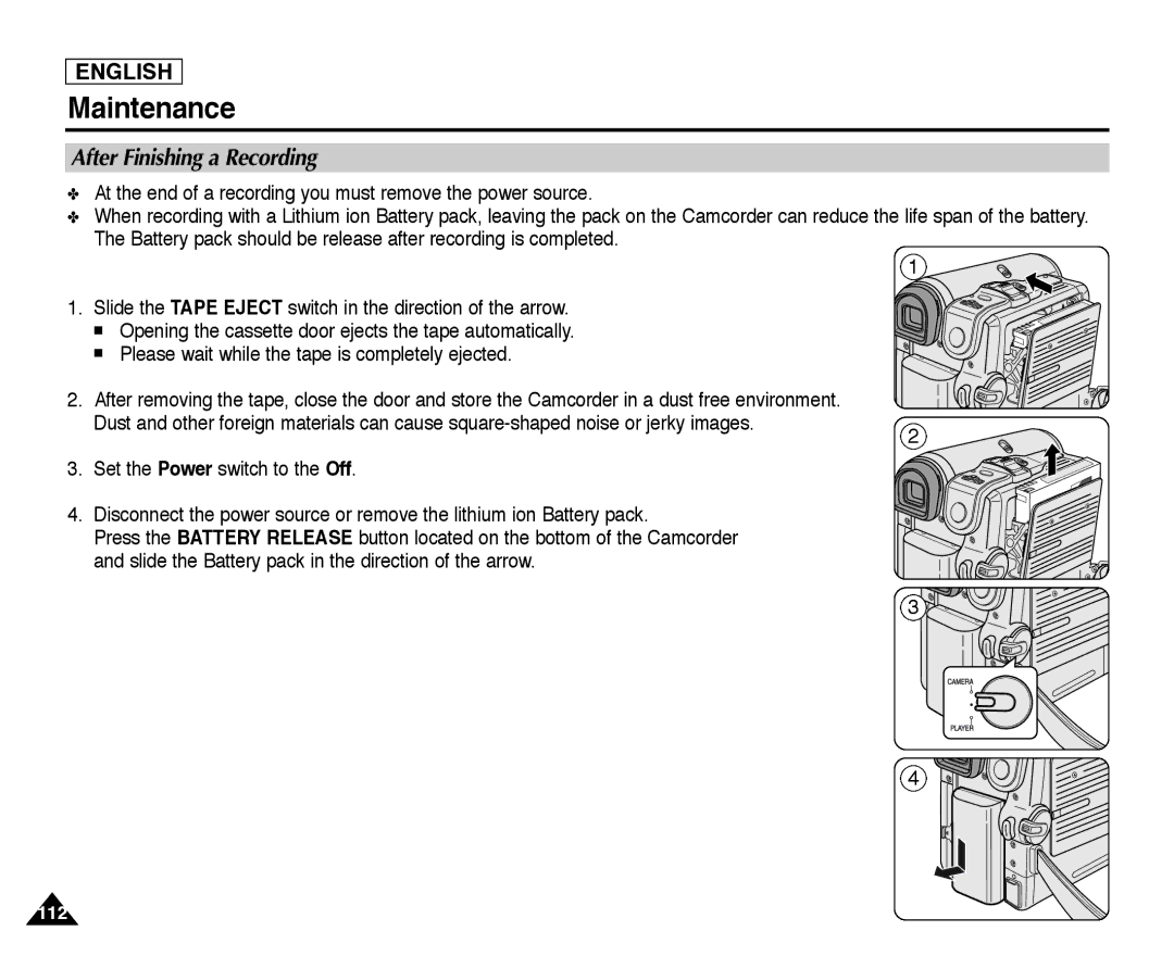 Samsung SC-D354, SC-D355, SC-D352 manual Maintenance, After Finishing a Recording 