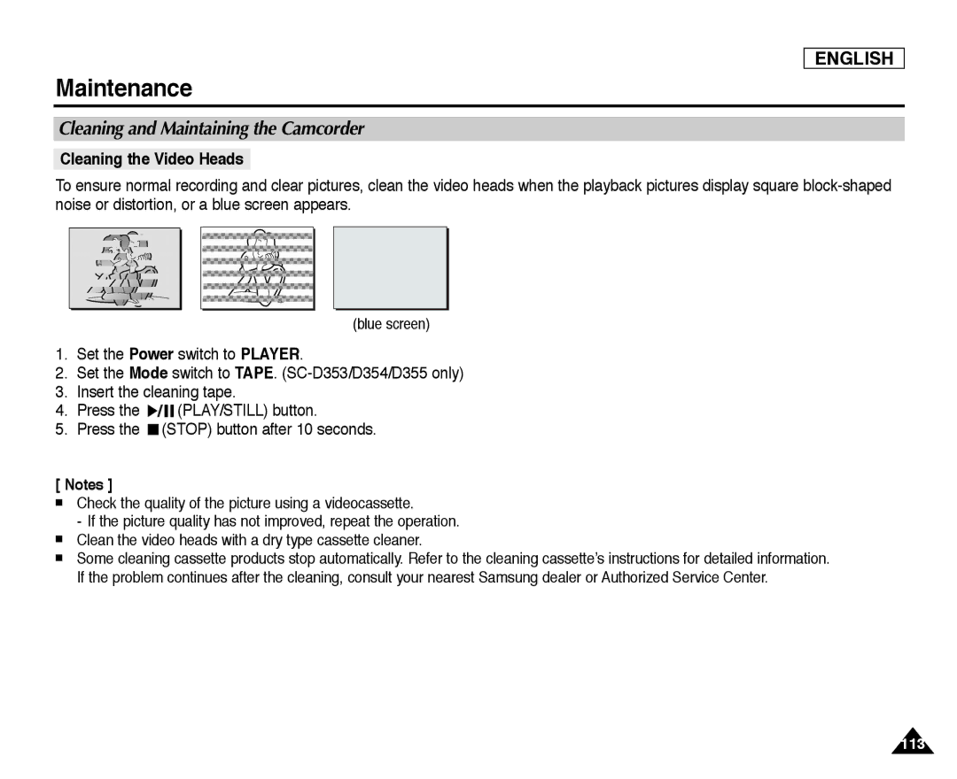 Samsung SC-D355, SC-D352, SC-D354 manual Cleaning and Maintaining the Camcorder, Cleaning the Video Heads 