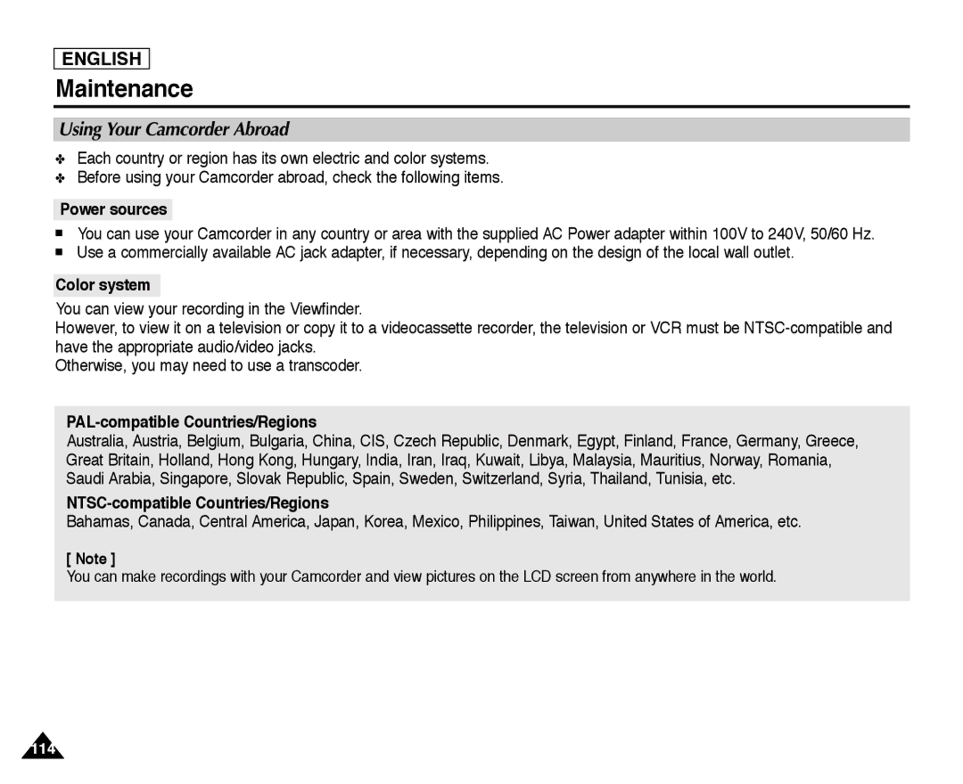 Samsung SC-D352, SC-D355 manual Using Your Camcorder Abroad, Power sources, Color system, PAL-compatible Countries/Regions 