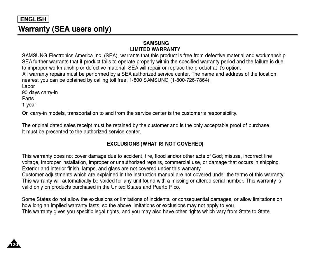 Samsung SC-D352, SC-D355, SC-D354 manual Warranty SEA users only, Samsung Limited Warranty 