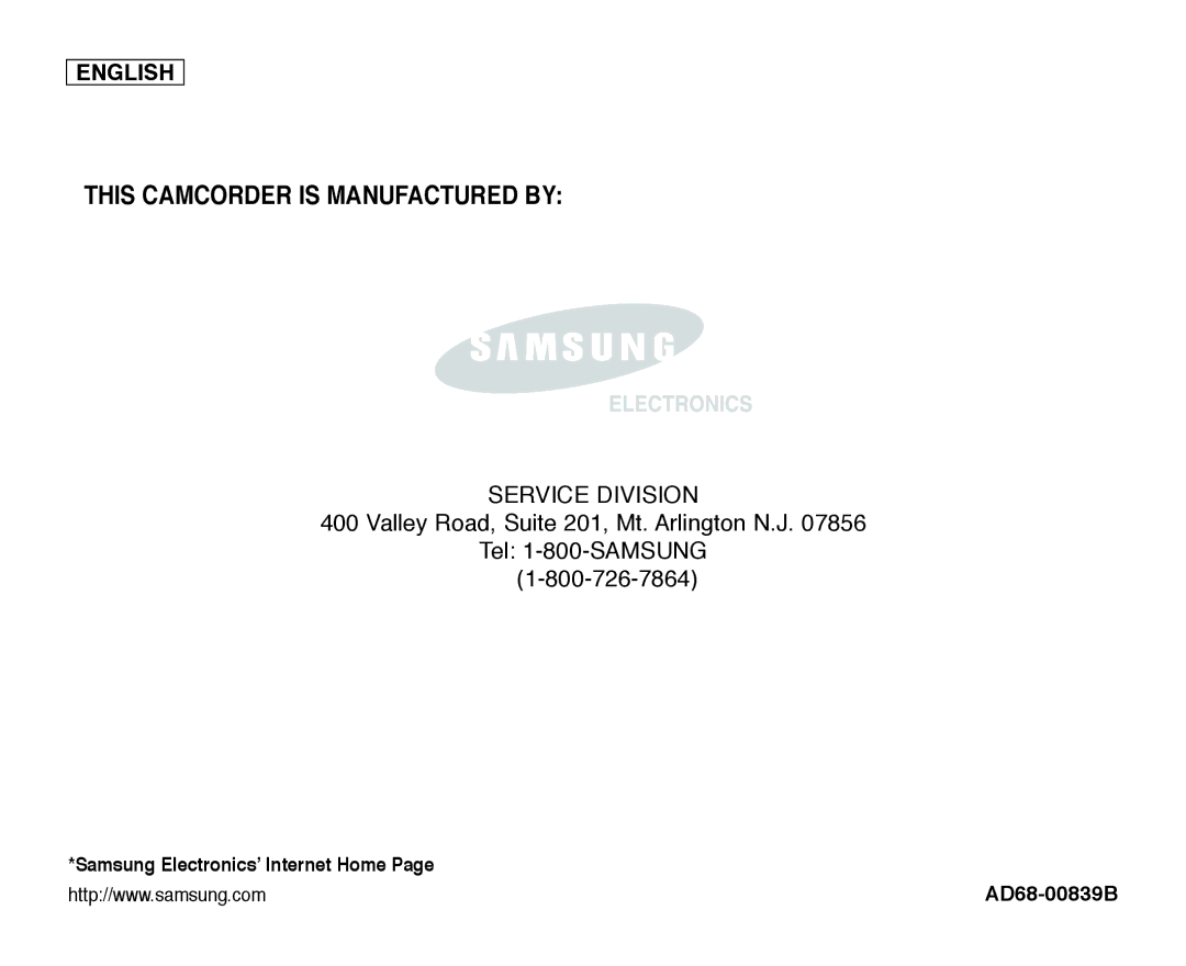 Samsung SC-D354, SC-D355, SC-D352 manual This Camcorder is Manufactured by 