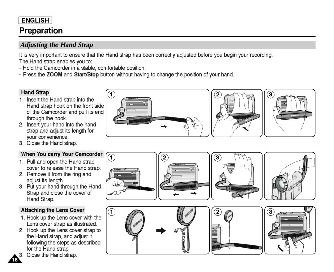 Samsung SC-D352, SC-D355, SC-D354 manual Preparation, Adjusting the Hand Strap, Pull and open the Hand strap 