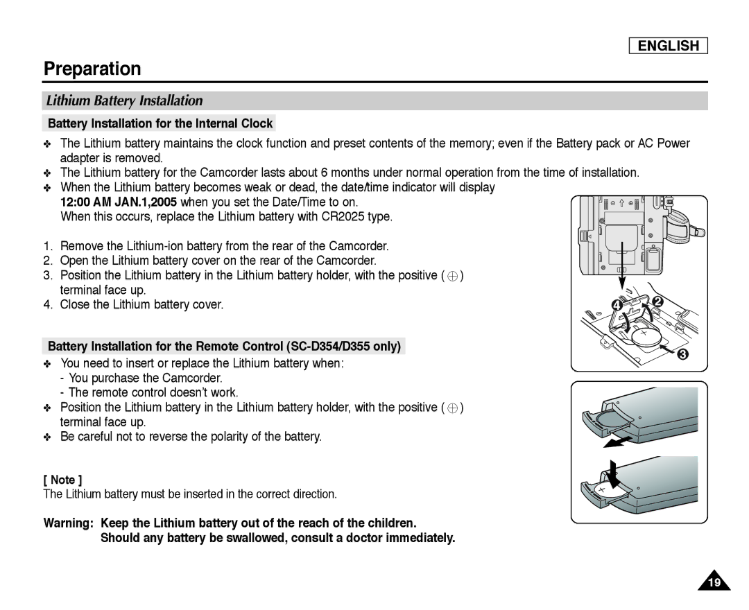 Samsung SC-D354, SC-D355, SC-D352 manual Lithium Battery Installation, Battery Installation for the Internal Clock 