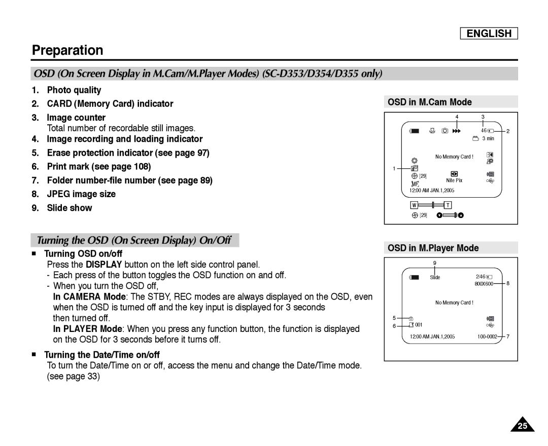 Samsung SC-D354, SC-D355, SC-D352 manual Turning the OSD On Screen Display On/Off 