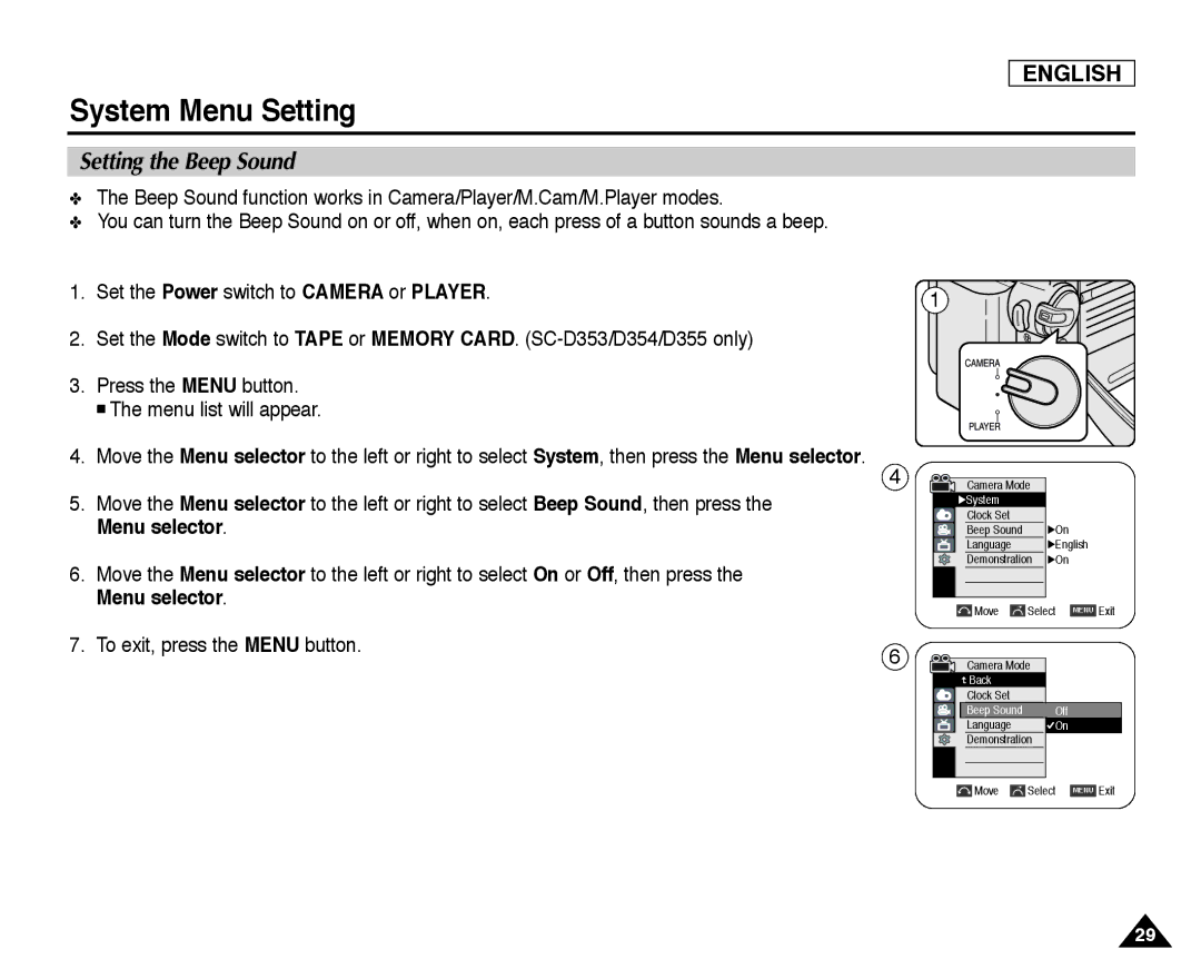 Samsung SC-D355, SC-D352, SC-D354 manual Setting the Beep Sound 