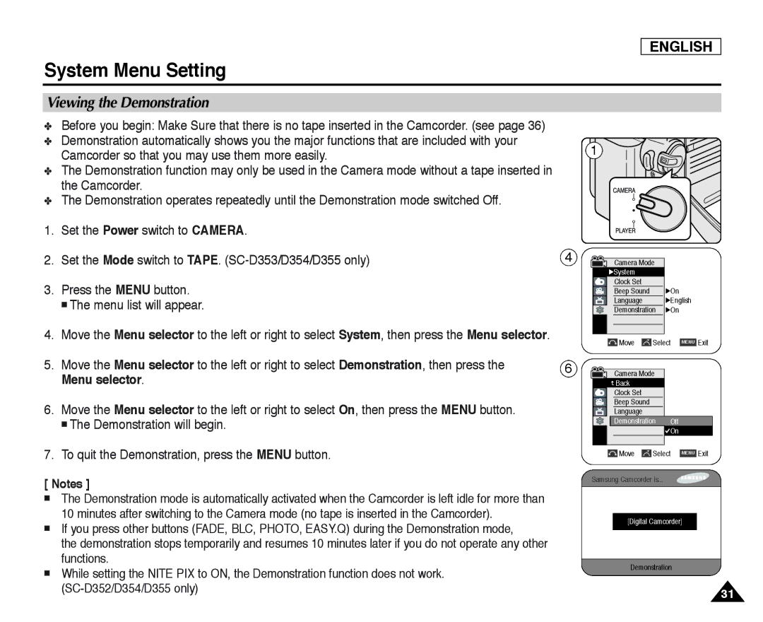 Samsung SC-D354, SC-D355, SC-D352 manual Viewing the Demonstration 