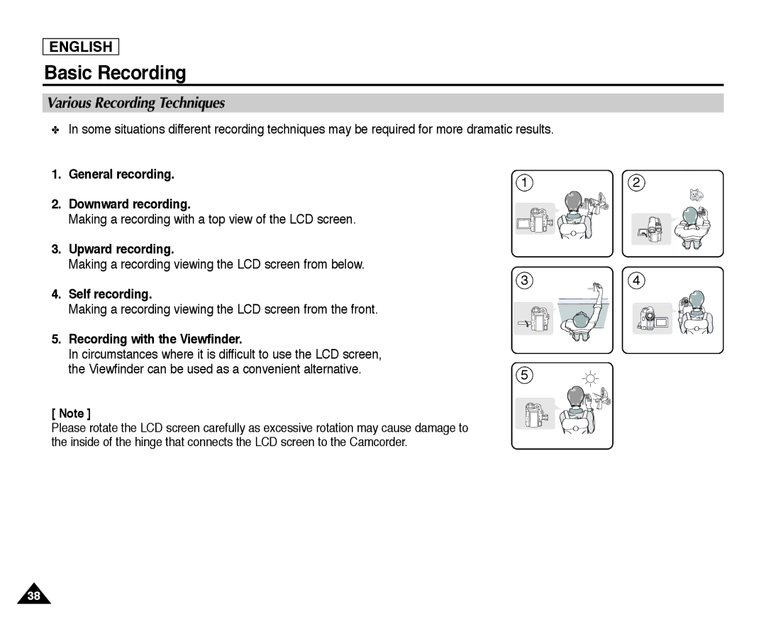 Samsung SC-D355 manual Various Recording Techniques, General recording Downward recording, Upward recording, Self recording 