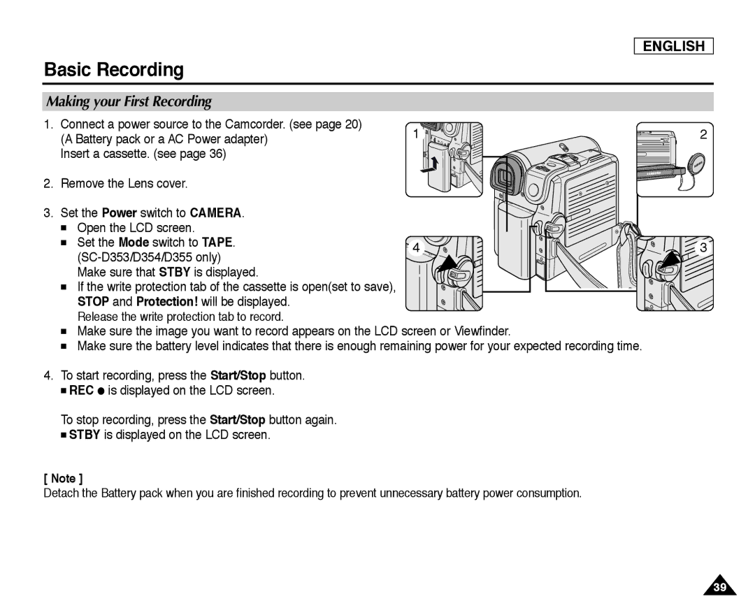 Samsung SC-D352, SC-D355, SC-D354 manual Making your First Recording 