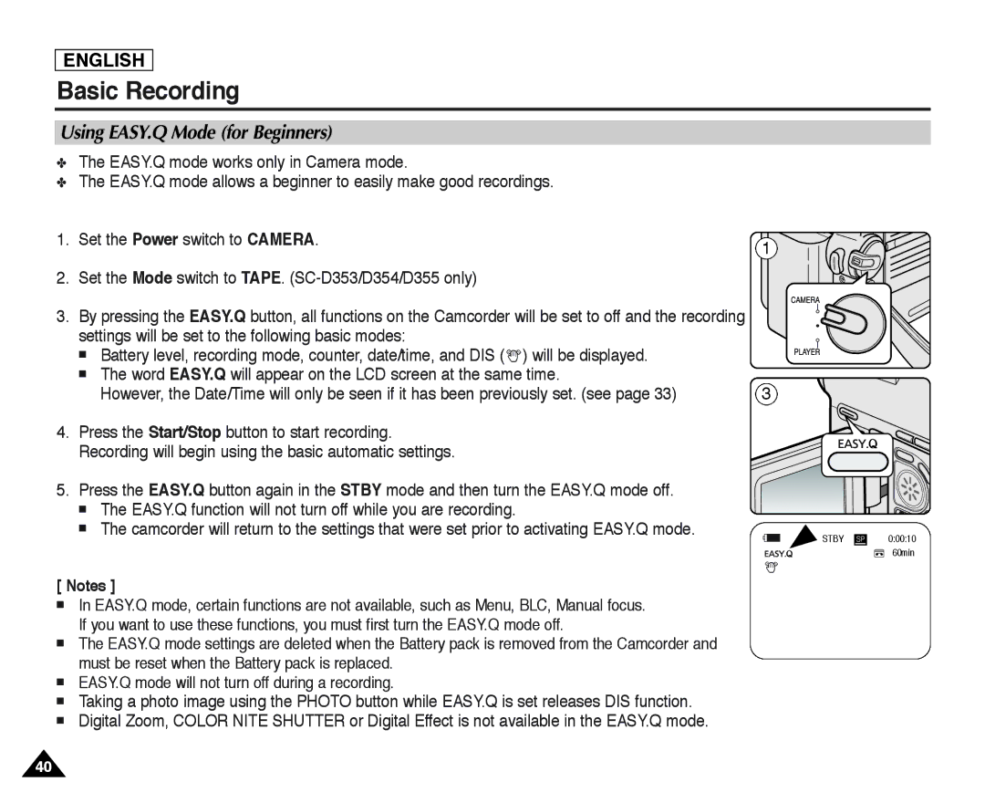 Samsung SC-D354, SC-D355, SC-D352 manual Using EASY.Q Mode for Beginners 