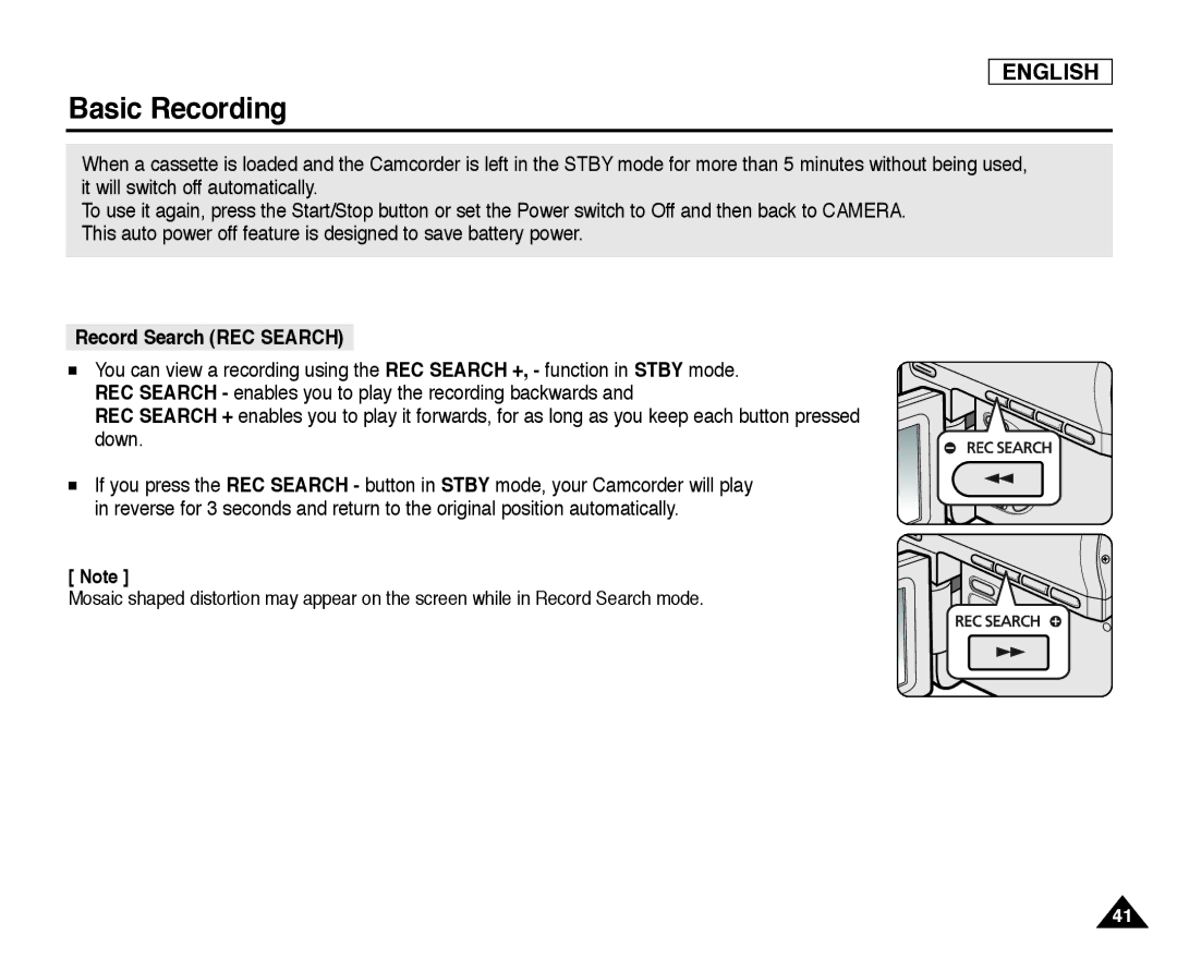 Samsung SC-D355, SC-D352, SC-D354 Record Search REC Search, REC Search enables you to play the recording backwards, Down 