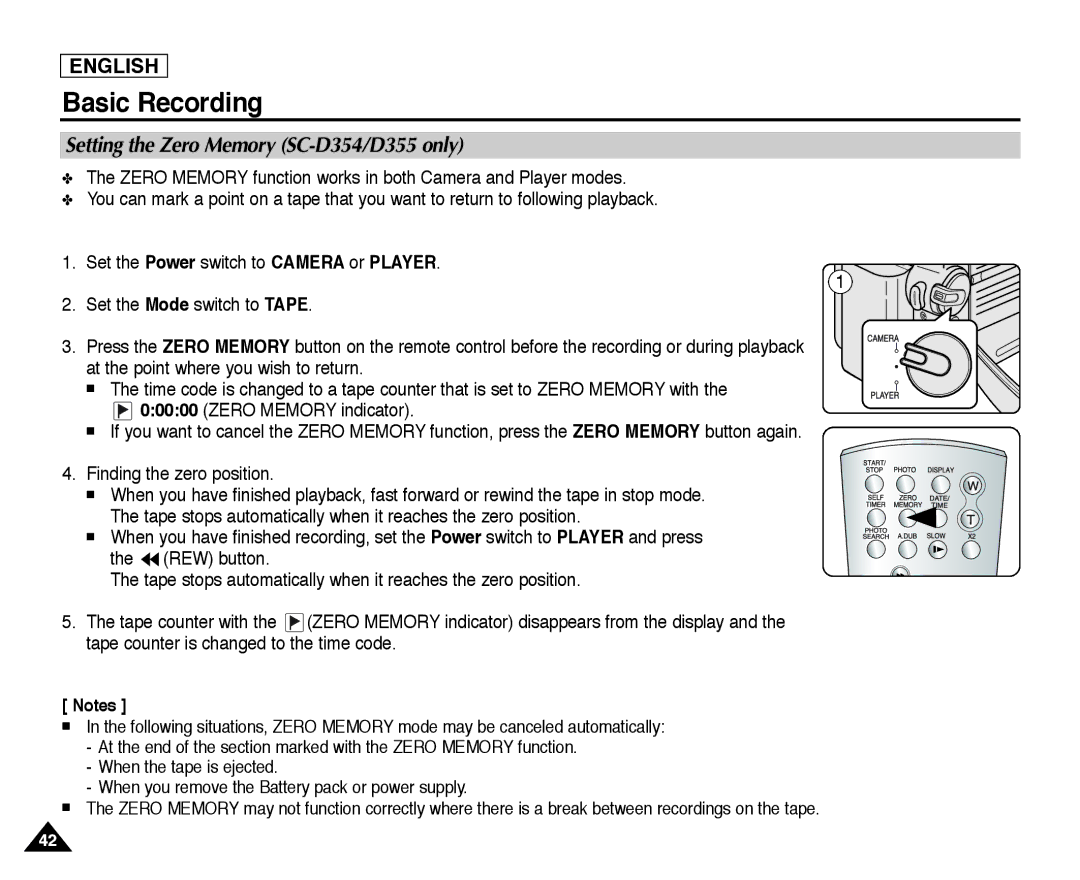 Samsung SC-D352, SC-D355 manual Setting the Zero Memory SC-D354/D355 only 