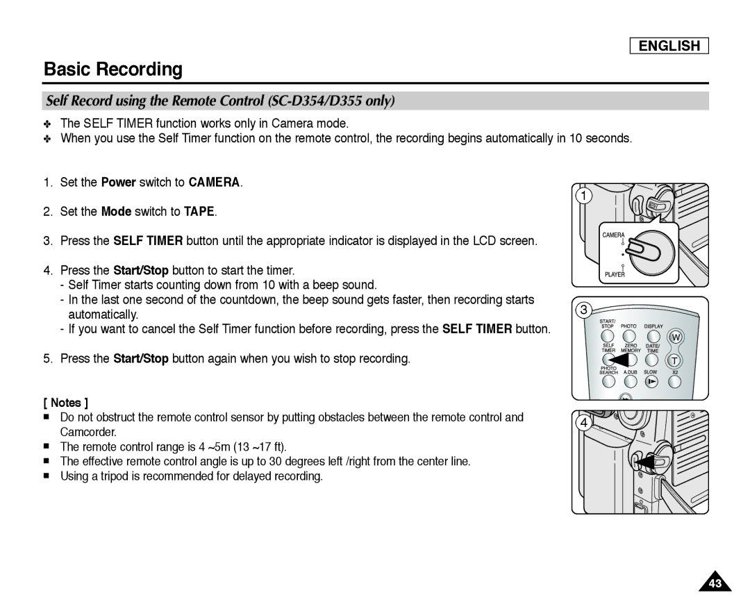 Samsung SC-D355, SC-D352 manual Self Record using the Remote Control SC-D354/D355 only 