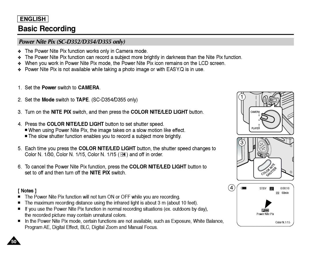 Samsung SC-D355, SC-D354 manual Power Nite Pix SC-D352/D354/D355 only 