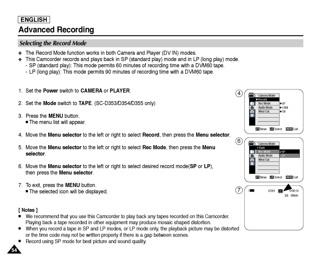 Samsung SC-D352, SC-D355, SC-D354 manual Selecting the Record Mode, √Sp 