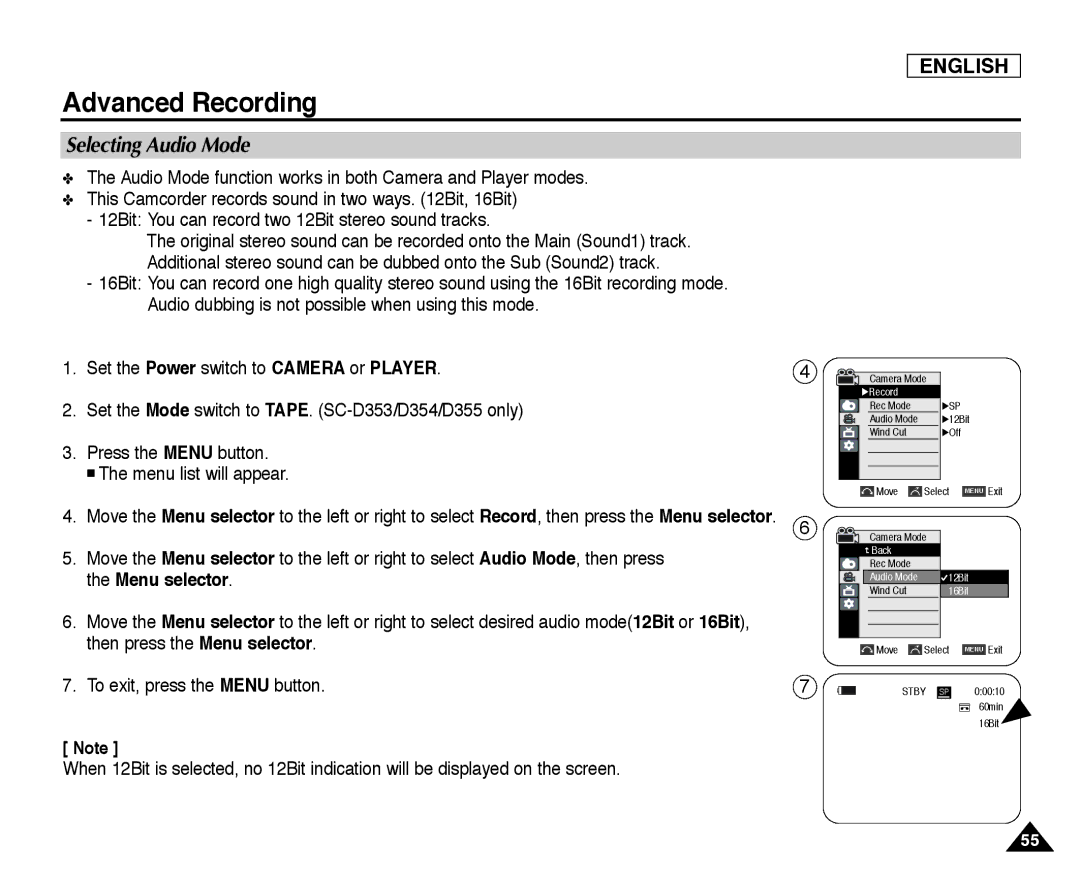 Samsung SC-D354, SC-D355, SC-D352 manual Selecting Audio Mode, Audio Mode function works in both Camera and Player modes 