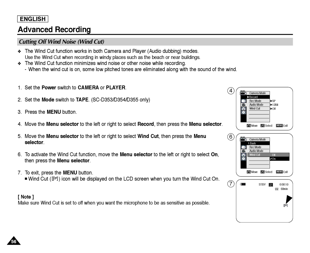 Samsung SC-D355, SC-D352, SC-D354 manual Cutting Off Wind Noise Wind Cut 