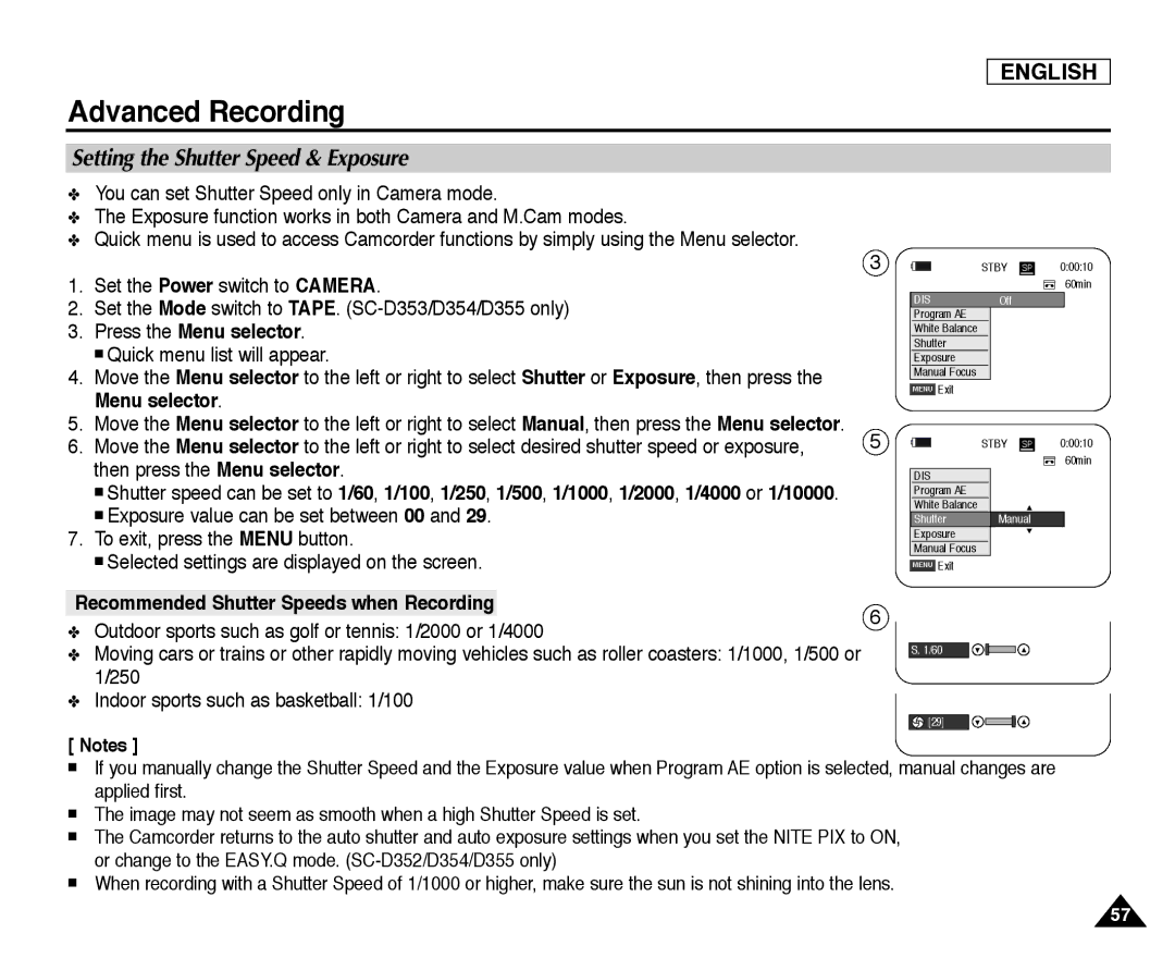 Samsung SC-D352, SC-D355 manual Setting the Shutter Speed & Exposure, Press the Menu selector, Then press the Menu selector 