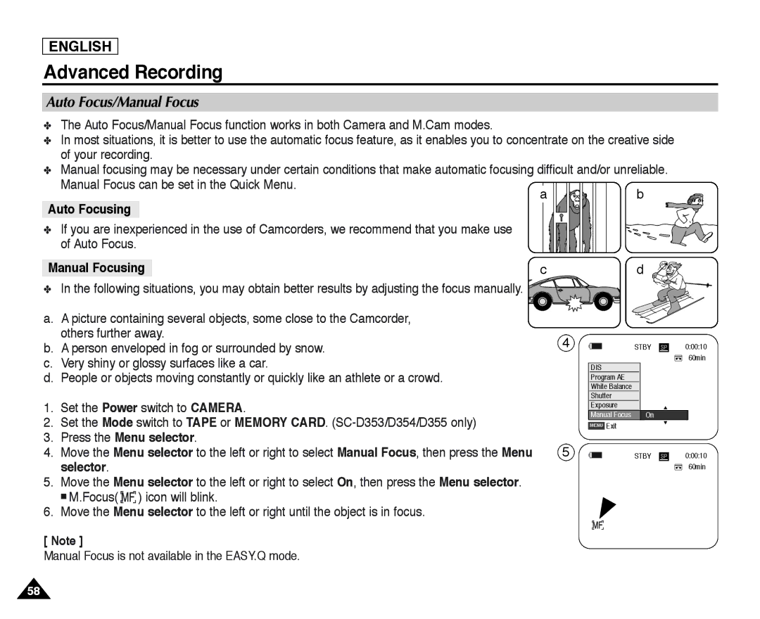 Samsung SC-D354, SC-D355, SC-D352 manual Auto Focus/Manual Focus, Manual Focus can be set in the Quick Menu, Auto Focusing 