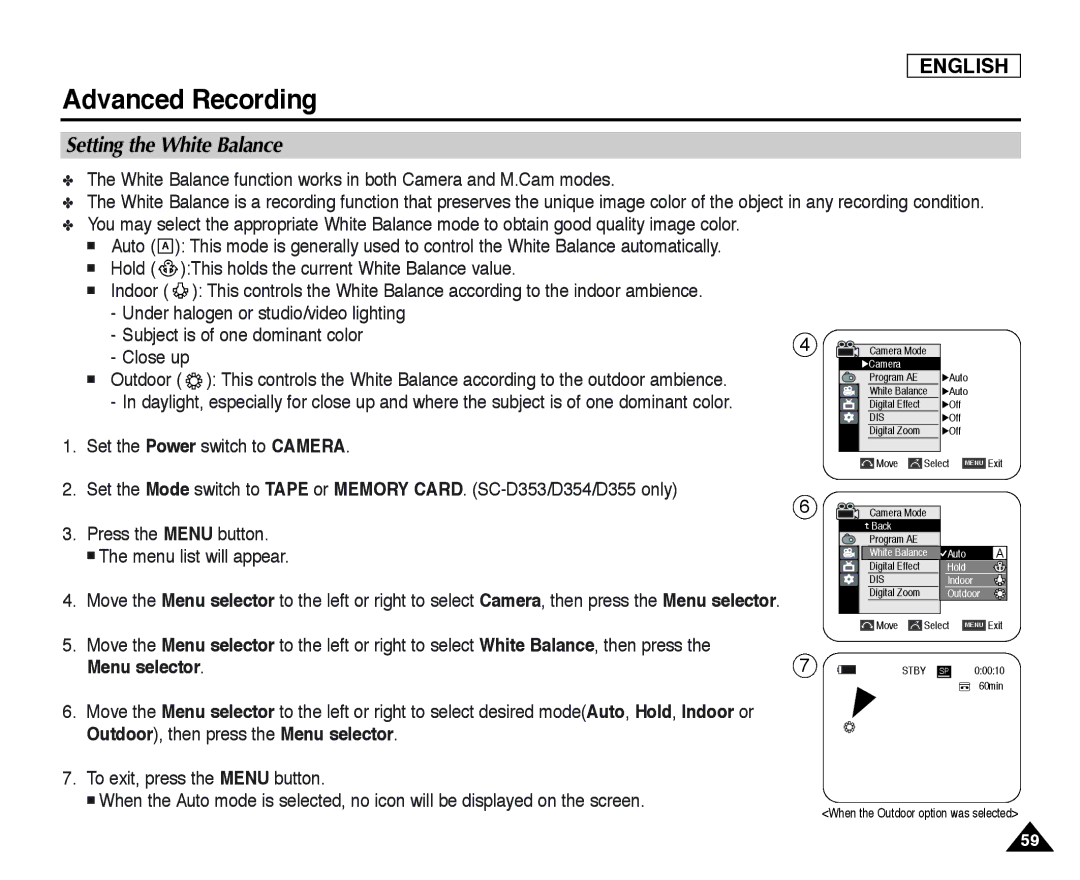 Samsung SC-D355, SC-D352, SC-D354 Setting the White Balance, White Balance function works in both Camera and M.Cam modes 