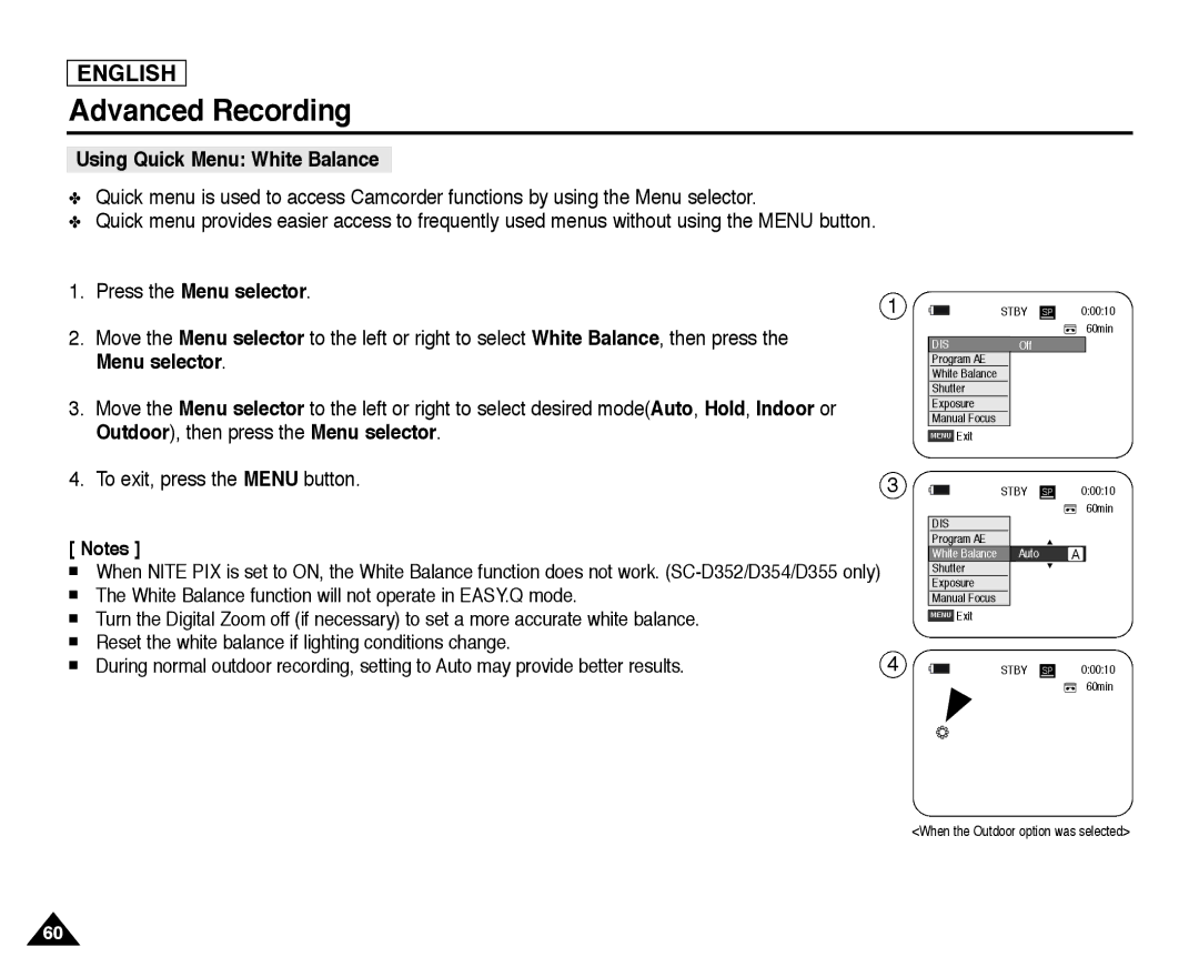 Samsung SC-D352, SC-D355, SC-D354 manual Using Quick Menu White Balance 