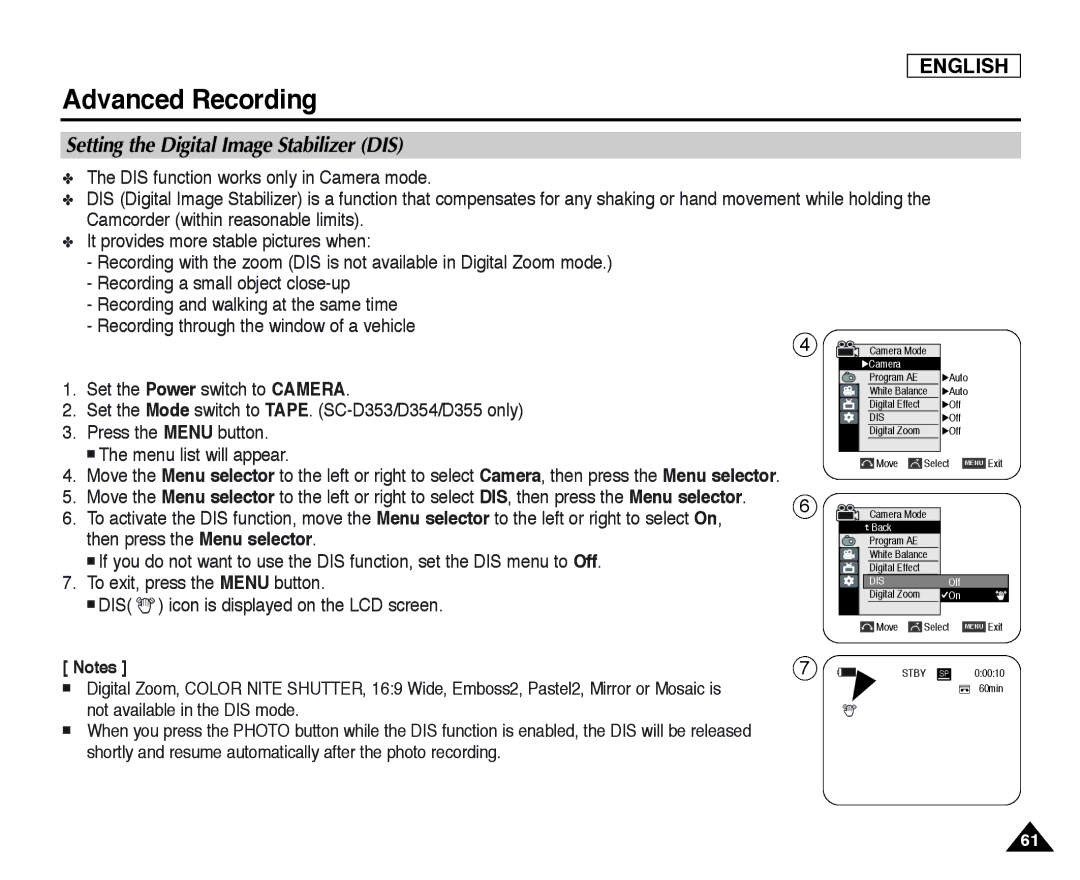 Samsung SC-D354, SC-D355, SC-D352 manual Setting the Digital Image Stabilizer DIS 