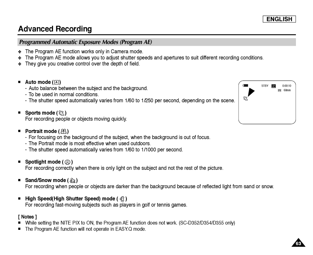 Samsung SC-D352, SC-D355, SC-D354 manual Programmed Automatic Exposure Modes Program AE 