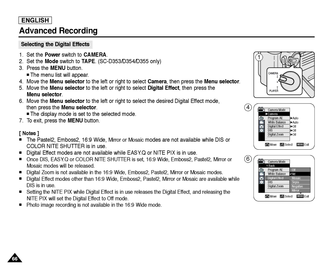 Samsung SC-D352, SC-D355, SC-D354 manual Selecting the Digital Effects 