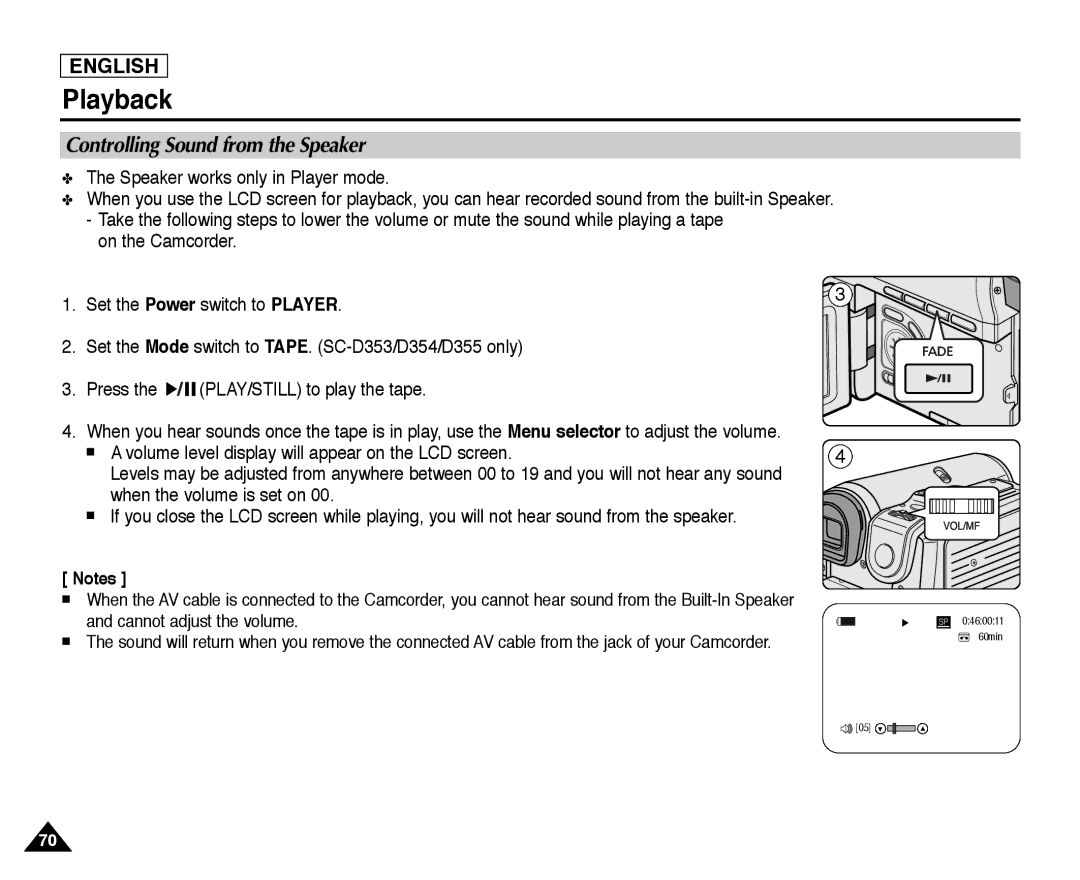 Samsung SC-D354, SC-D355, SC-D352 manual Controlling Sound from the Speaker 