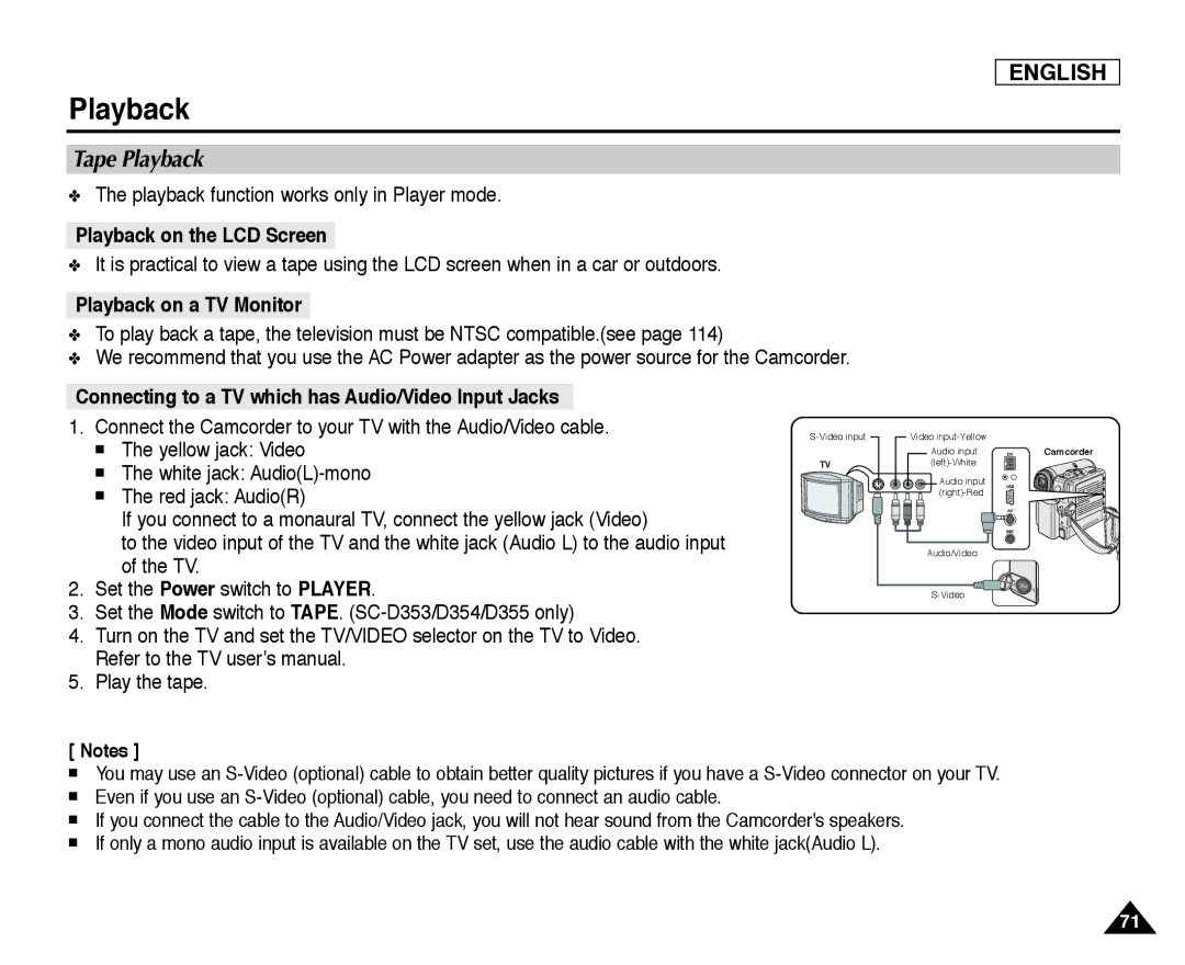 Samsung SC-D355, SC-D352, SC-D354 Tape Playback, Playback function works only in Player mode, Playback on the LCD Screen 