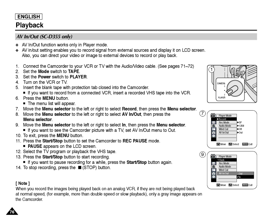 Samsung SC-D354, SC-D352 manual AV In/Out SC-D355 only, AV In/Out function works only in Player mode, Stop button 