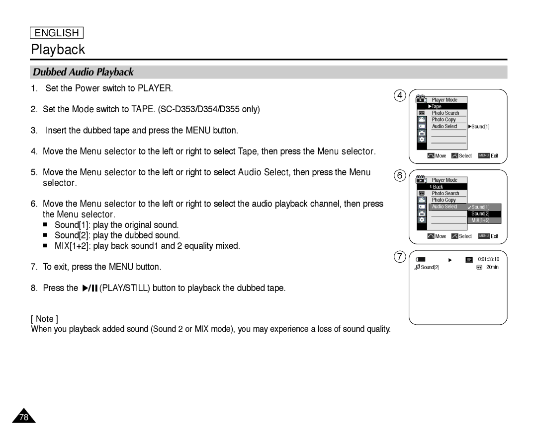 Samsung SC-D352, SC-D355, SC-D354 manual Dubbed Audio Playback, Insert the dubbed tape and press the Menu button 