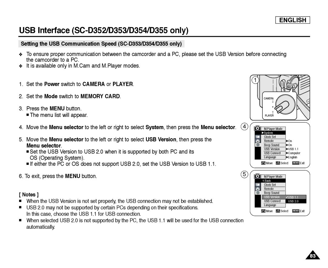 Samsung SC-D355, SC-D352, SC-D354 manual Setting the USB Communication Speed SC-D353/D354/D355 only 