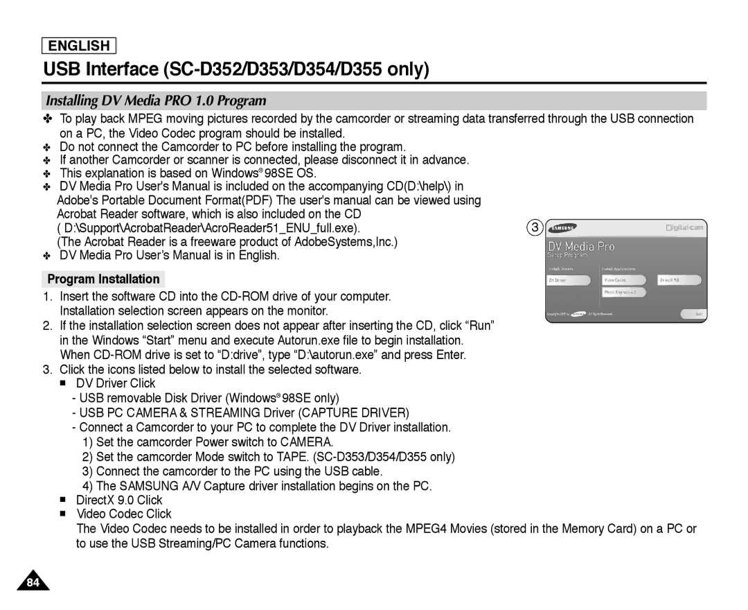 Samsung SC-D352, SC-D355, SC-D354 manual Installing DV Media PRO 1.0 Program, Program Installation 