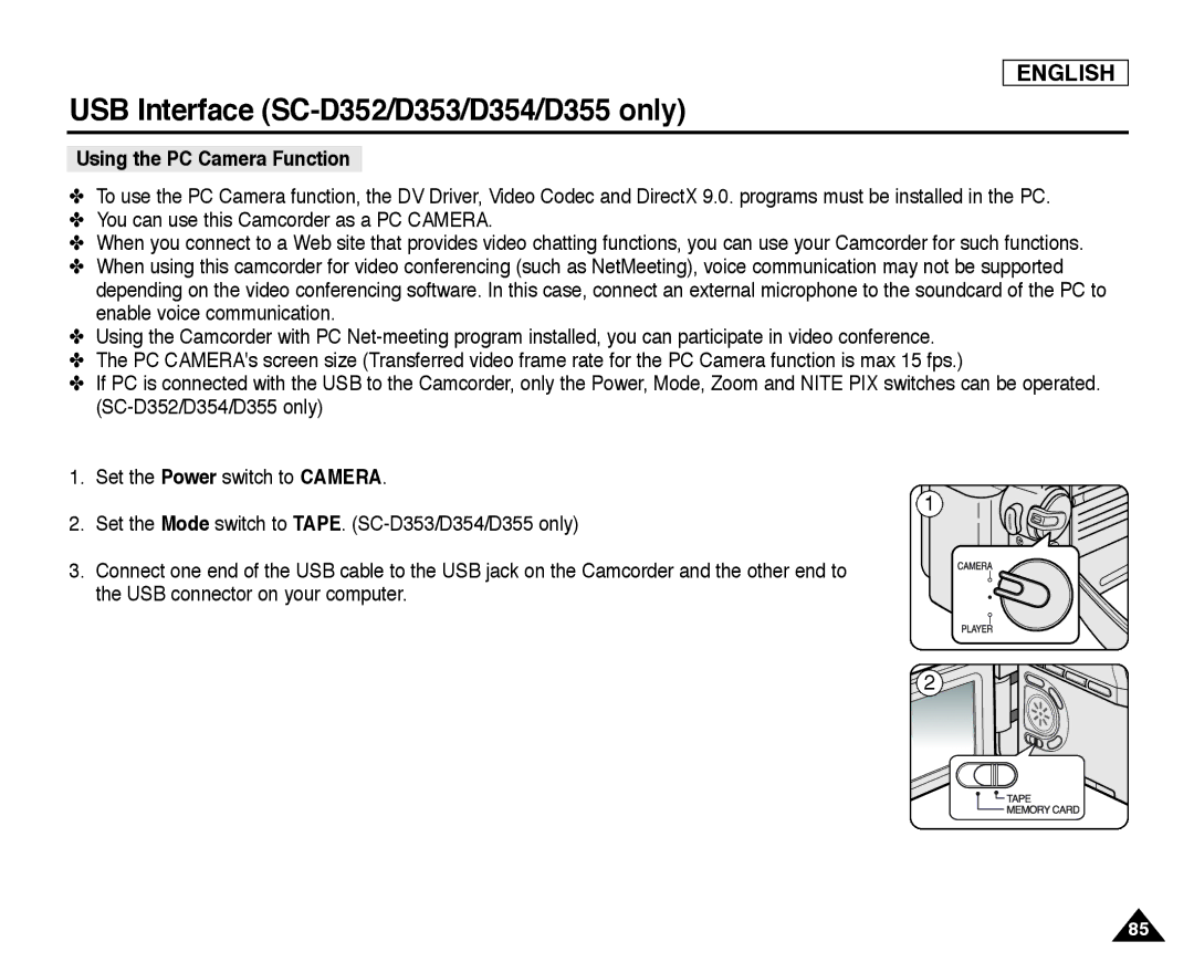 Samsung SC-D354, SC-D355, SC-D352 manual Using the PC Camera Function 