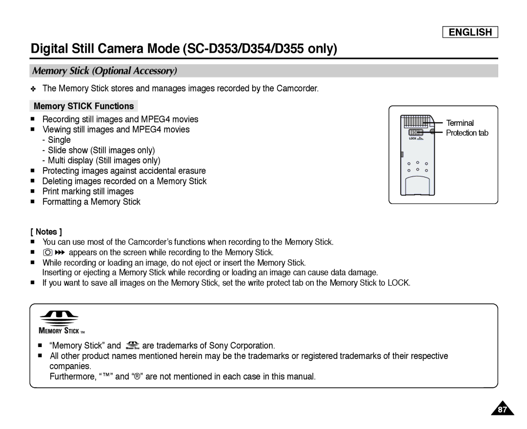 Samsung SC-D352 Digital Still Camera Mode SC-D353/D354/D355 only, Memory Stick Optional Accessory, Memory Stick Functions 