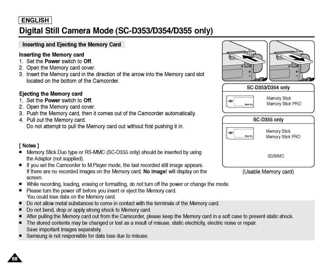 Samsung SC-D354, SC-D355, SC-D352 manual Ejecting the Memory card, Set the Power switch to Off 