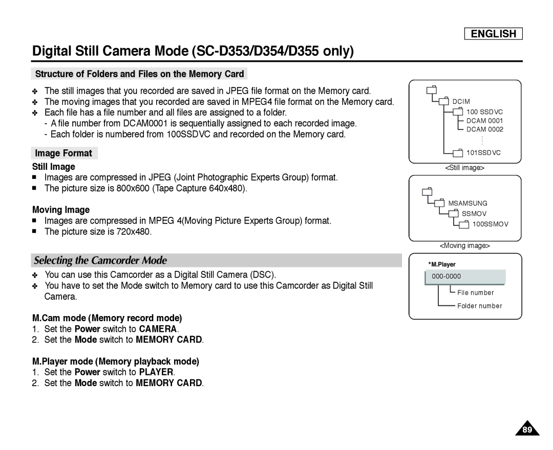 Samsung SC-D355, SC-D352, SC-D354 manual Selecting the Camcorder Mode 