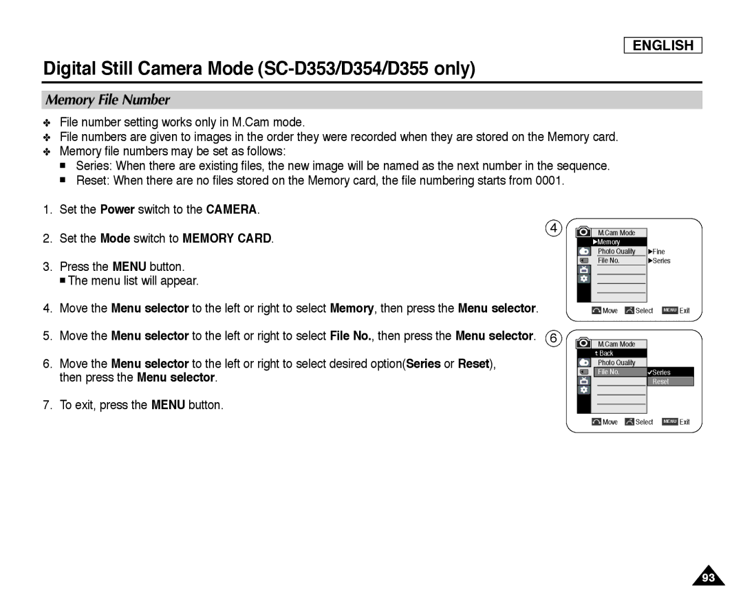 Samsung SC-D352, SC-D355, SC-D354 manual Memory File Number, File number setting works only in M.Cam mode 