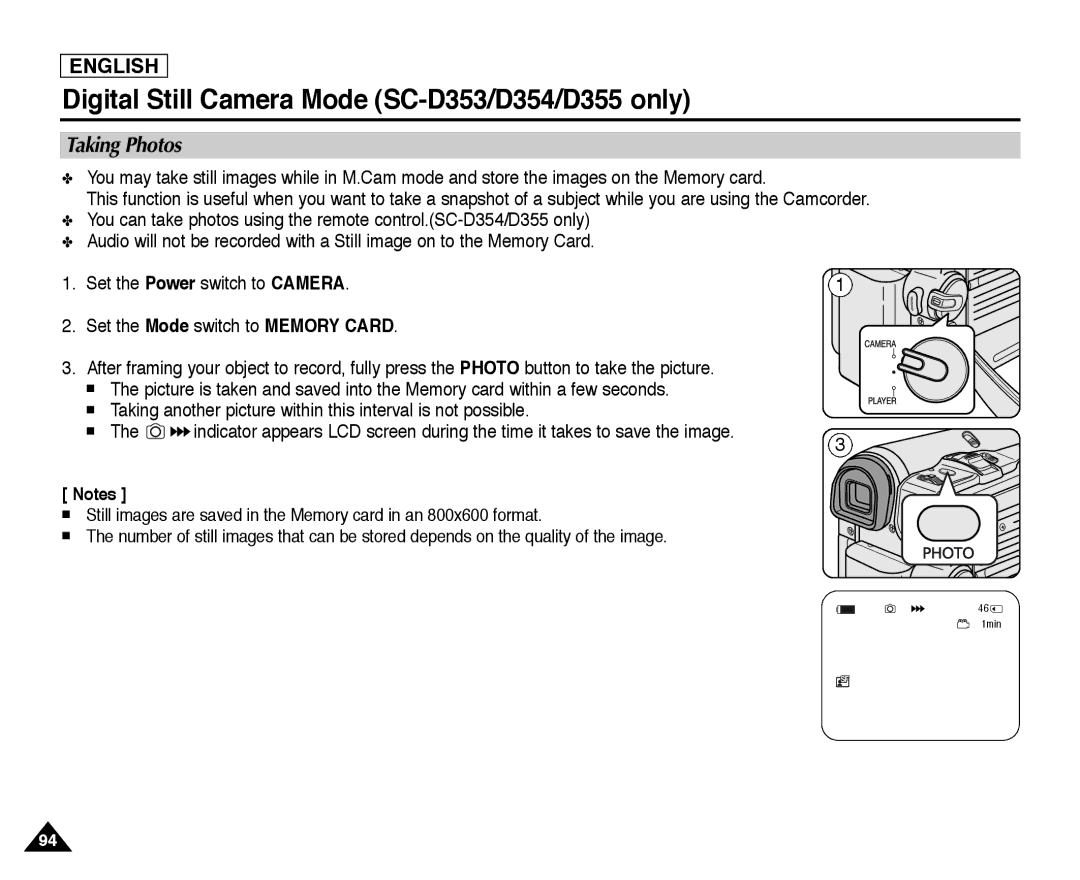 Samsung SC-D354, SC-D355, SC-D352 manual Taking Photos 