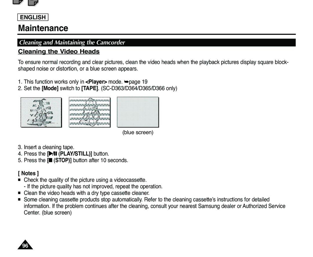 Samsung SC-D363, SC-D365 manual Cleaning and Maintaining the Camcorder, Cleaning the Video Heads 
