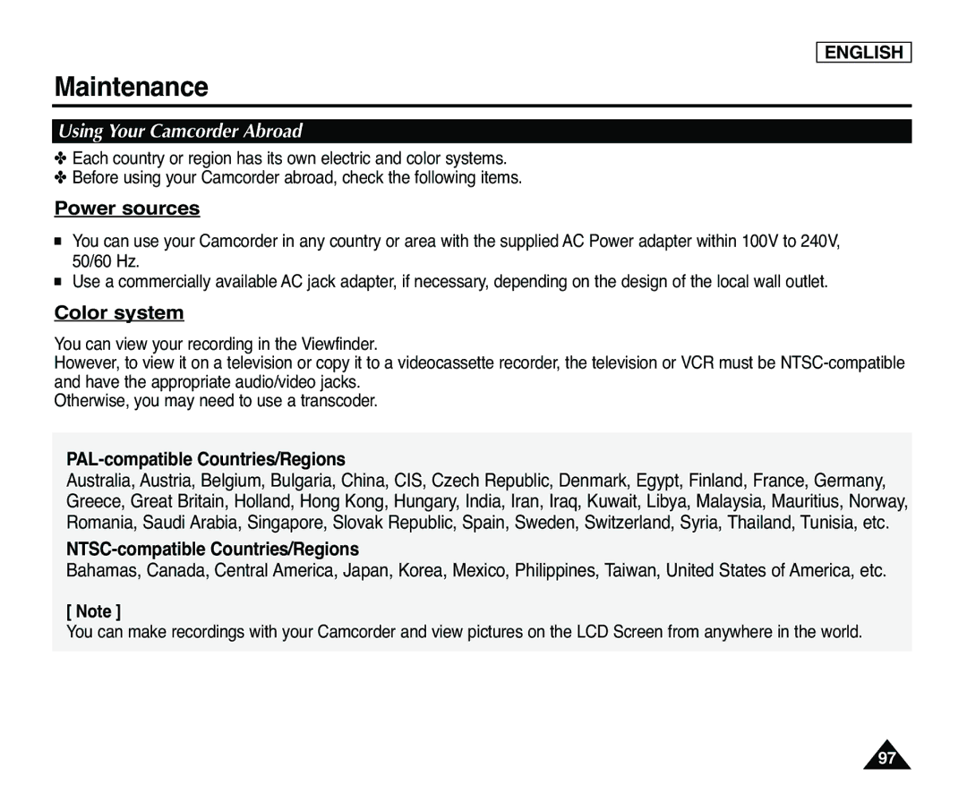 Samsung SC-D365, SC-D363 manual Using Your Camcorder Abroad, Power sources, Color system, PAL-compatible Countries/Regions 