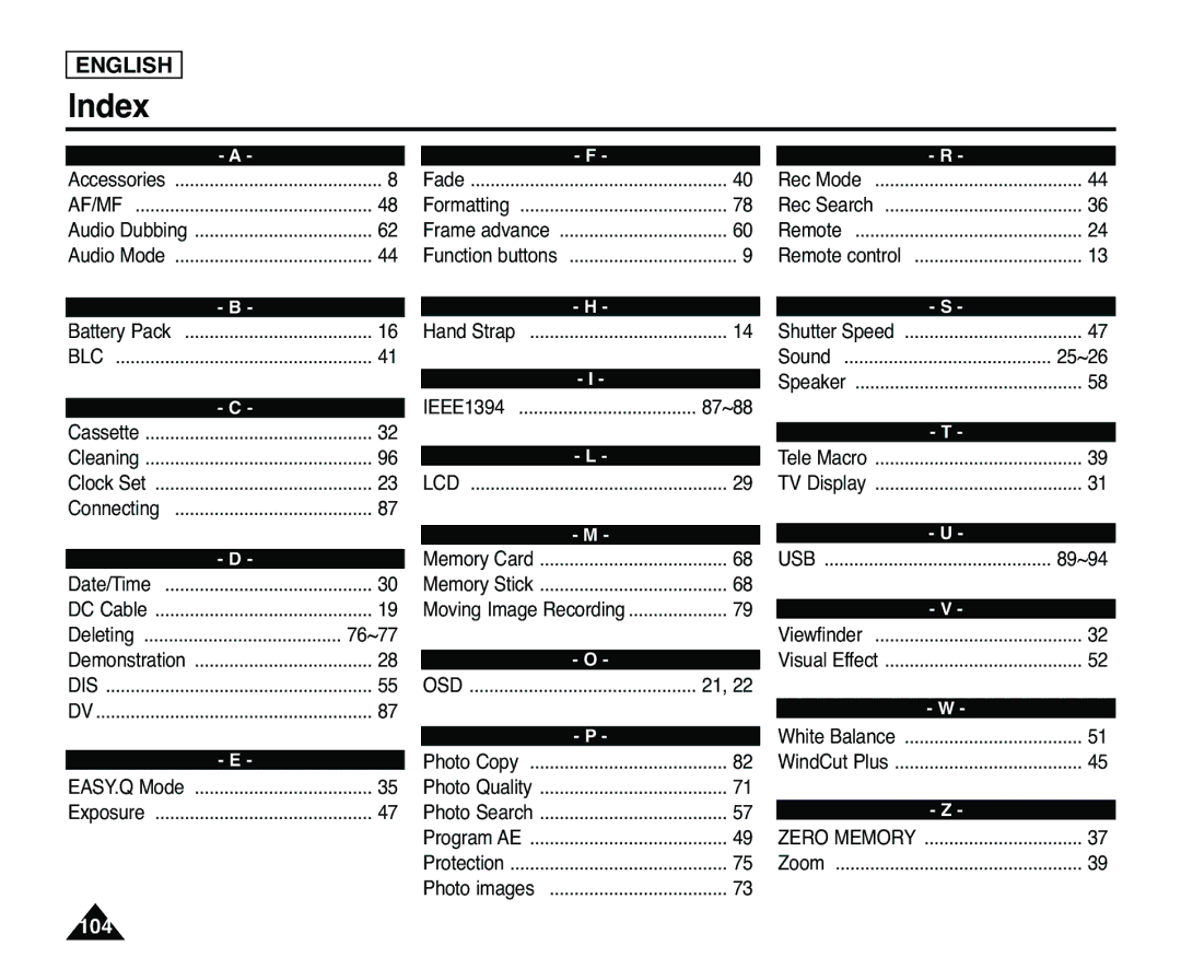 Samsung SC-D363, SC-D365 manual Index 