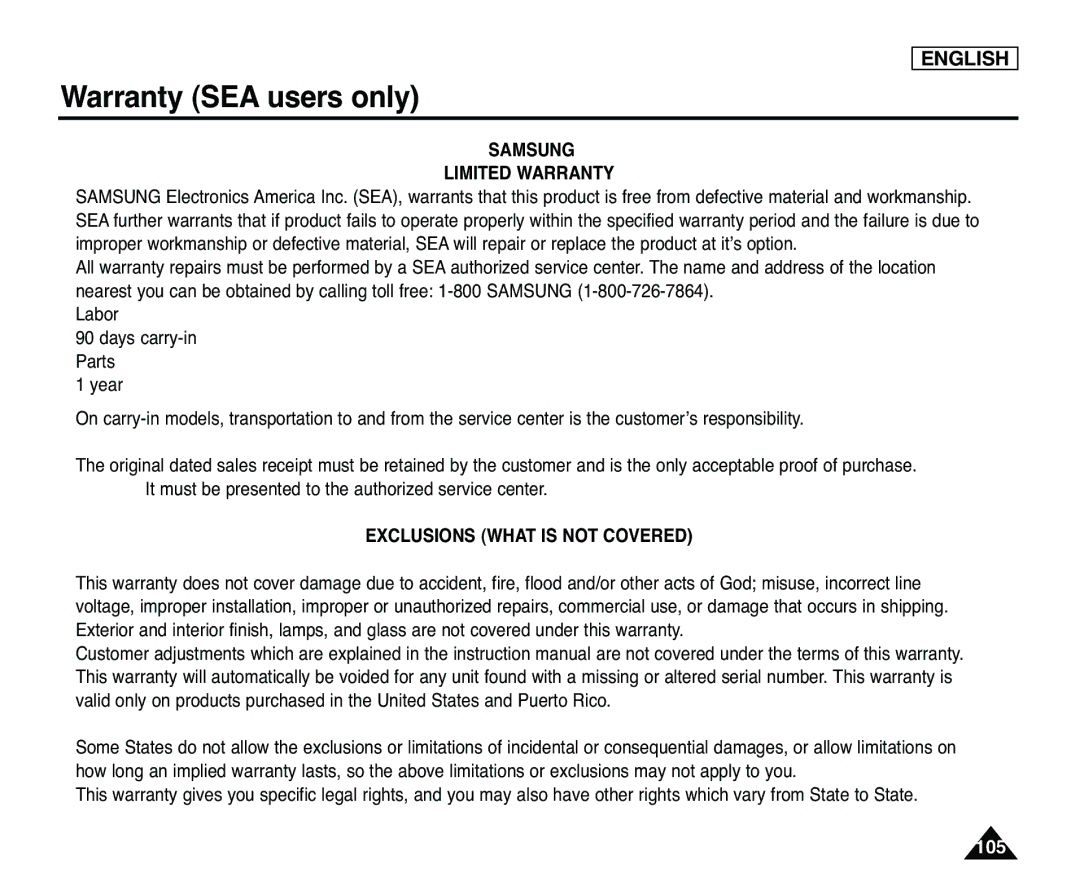 Samsung SC-D365, SC-D363 manual Warranty SEA users only, Samsung Limited Warranty 