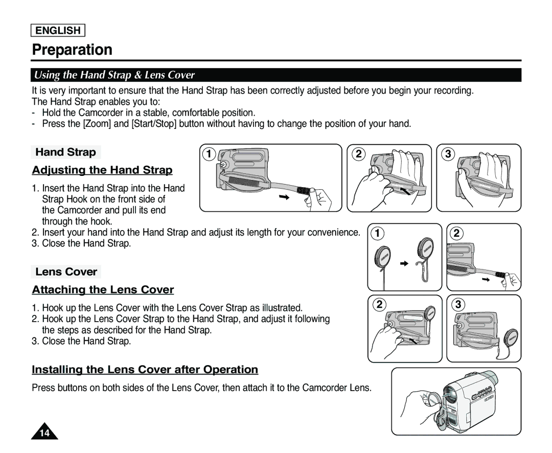 Samsung SC-D363, SC-D365 manual Preparation, Using the Hand Strap & Lens Cover, Hand Strap Adjusting the Hand Strap 