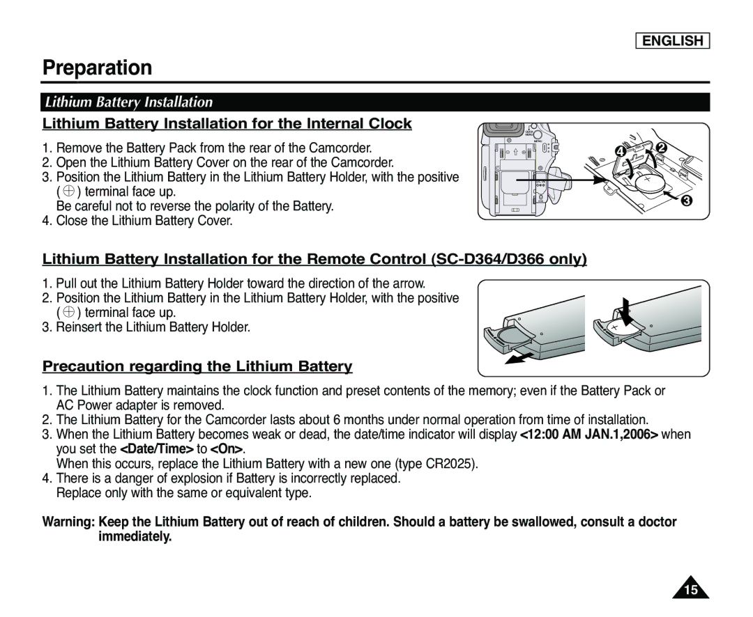 Samsung SC-D365, SC-D363 Lithium Battery Installation for the Internal Clock, Precaution regarding the Lithium Battery 